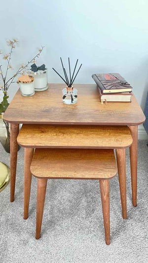 Dark Wood Nest of Tables, Nested Tables, Lamp Side, Coffee Furniture - dark wood table, living room furniture, solid wood nested table, wooden coffee table, wooden lamp side, wooden nest of tables - MOXVIO
