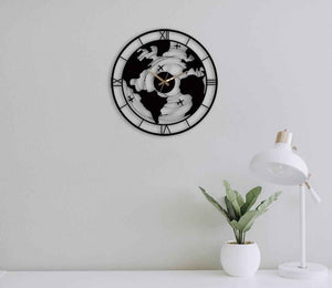 Travel Wall Clock, 50cm-70cm, Black Metal World Map Wall Clock - large wall clock, metal wall clock, modern wall clock, silent wall clock, travel wall clock, world map clock, world map wall clock - MOXVIO